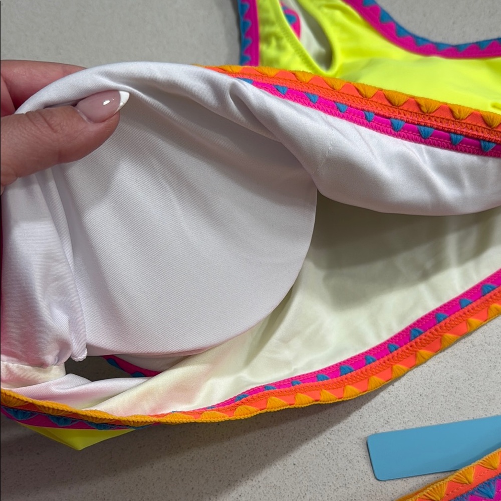 NWT Popvil Bright Yellow Bikini with Multicolor Trim with embroidery - Picture 7 of 8